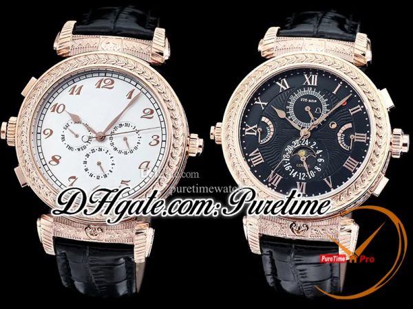 

grandmaster chime complicated 5175r automatic swiss quartz mens watch 175th anniversary rose gold engraved black white reverse dial leather, Slivery;brown