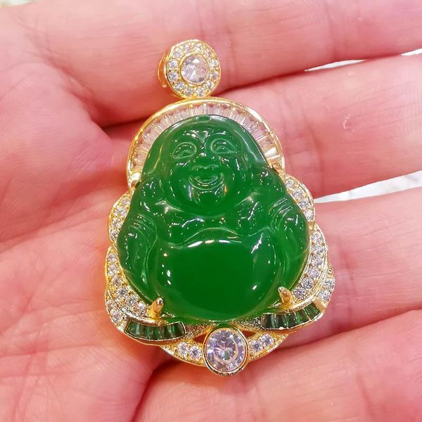 

other new big crystal inlaid green chalcedony jades stone buddha pendant 1pcs