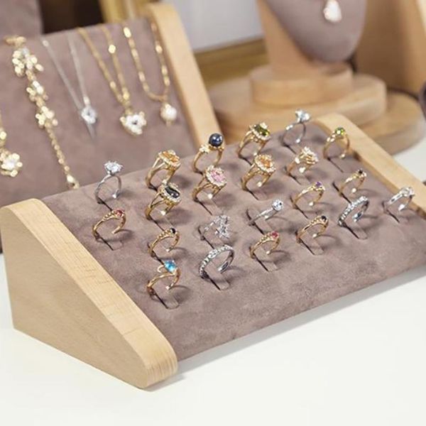 

boxes solid wood 22 slot rings display stand jewelry storage box display cabinet pendant earring showcase trays, Black;white