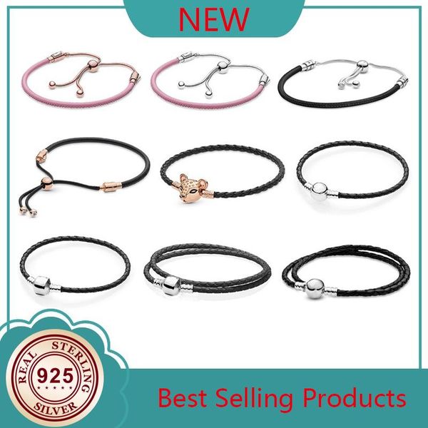 

bangle sale 925 sterling silver sliding leather woven lion pan bracelet for women fit original women's charm beads diy jewelry gift, Black