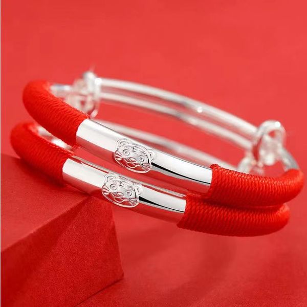 

tiger baby sterling silver bracelet 9999 full silver long life lock newborn baby bracelet set for men and women, Blue;gray