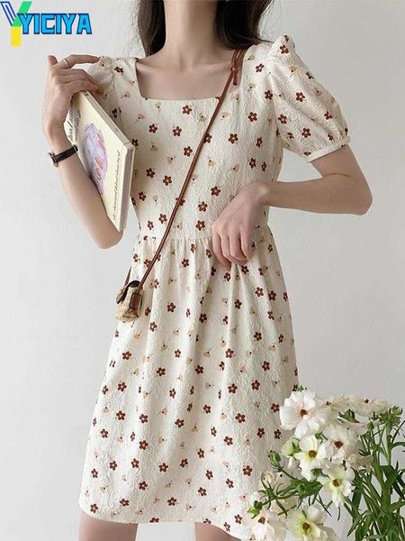 

yiciya party dresses vintage japan style printing square collar short puff sleeve floral mini dress elegant evening summer 2023 women clothe, White;black