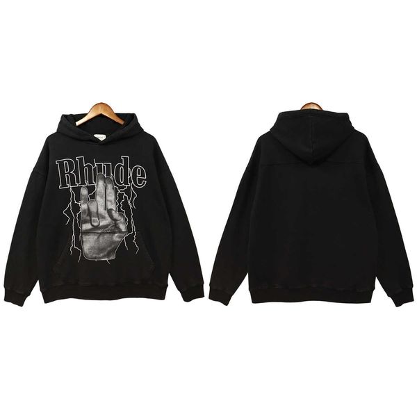 

2023 mens hoodie long sleeve rhude highquality tess designer casual fashion 2022 euro american ins dark wind finger lightning autumn winter, Black
