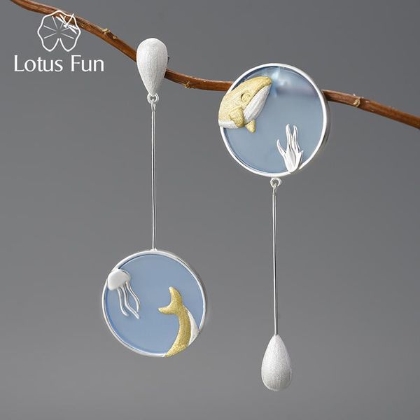 

stud lotus fun agate exclusive gemstone underwater world whale asymmetrical long drop earrings for women 925 sterling silver jewelry, Golden;silver