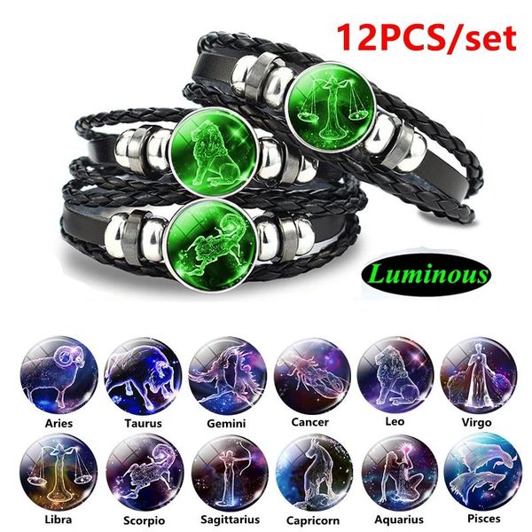 

bangle 12 pcs constellation bracelet set luminous zodiac braided leather bracelet glow in the dark snap button bracelet, Black