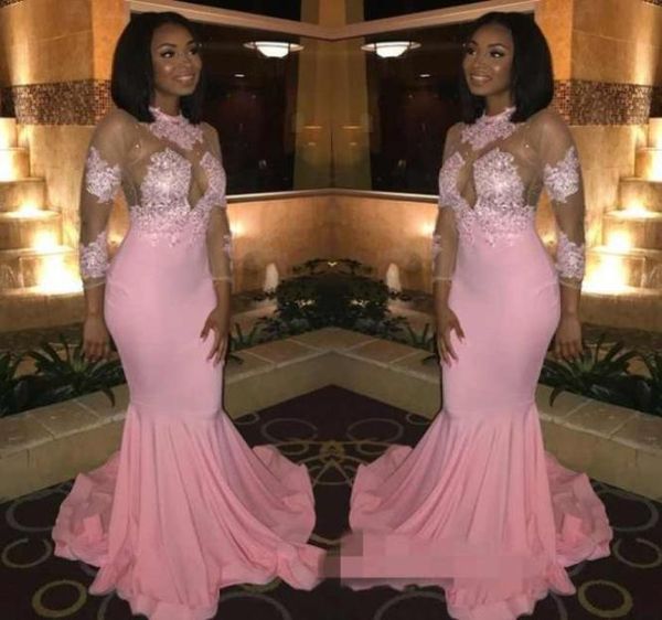 

2019 new custom made pink prom dresses jewel neck illusion 34 lace long sleeves ruffles sweep train mermaid evening special occas2011737, Black