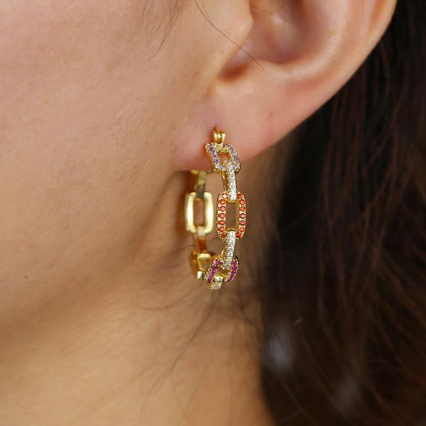 

huggie 2020 new arrived cz medium hoop earring full cz paved open link chain cuban chain shaped unique european women new jewelry, Golden;silver