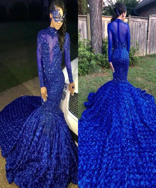 

2019 new elegant royal blue long sleeves lace mermaid prom dresses tulle applique beaded 3d floral floor length evening party dres4979227, Black