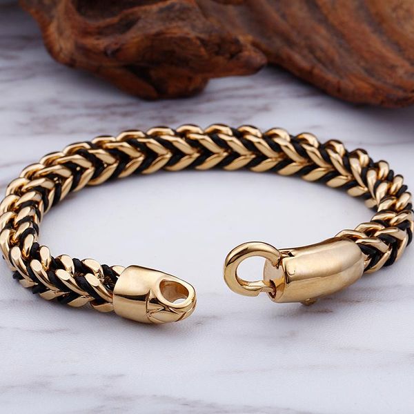 

bangle 8mm woven leather rope wrapping classic luxury braided stainless steel men's leather bracelets engraveable wholesale items, Black