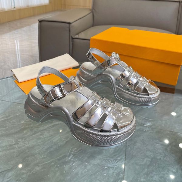 

archlight flat sandals women silver black metallic calf leather shoes engraved buckle circle on the upper and outsole lady fashion platform