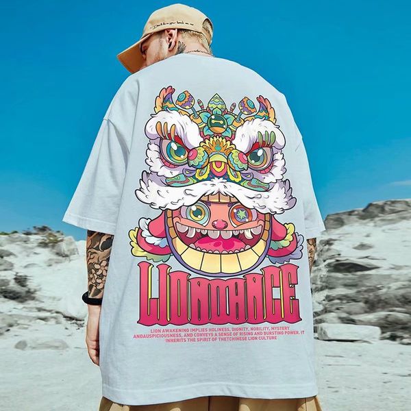 

men's t-shirts men's graphic oversized funny harajuku streetwear short sleeve tee shirt summer lion dance print y2k anime t-shirt, White;black