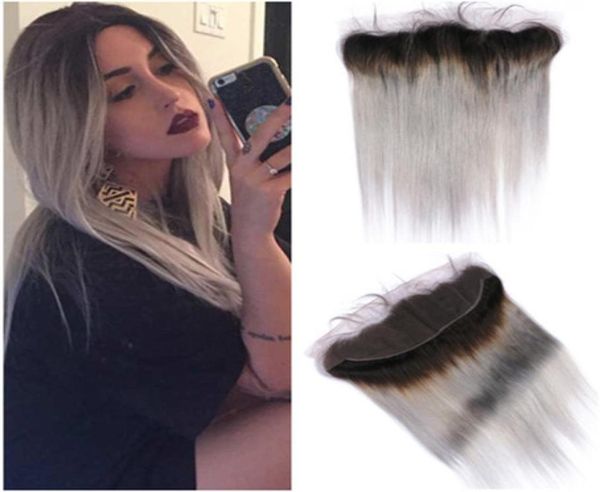 

1bgrey ombre peruvian human hair full lace frontal dark root silky straight ombre silver grey lace frontal closure 13x4 with baby4476427, Black;brown