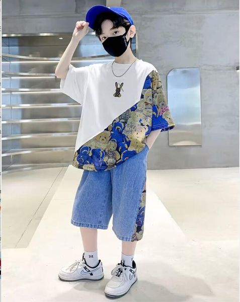 

2023ss summer boys clothing sets tie-dye + shorts two pieces cotton printed white blue soft denim short pants cool kids boys clothes suit 5-