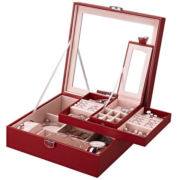 

boxes jewelry box locked jewelry casket portable makeup organizer beauty travel box necklace holder gift large capacity packaging, Black;white