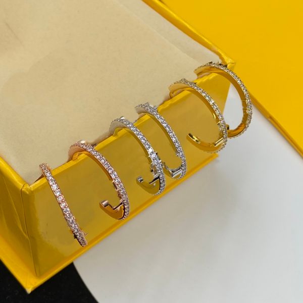 

classic fashion simplicity hoop earrings women gold/silver/rose color hardware engraved initial f full diamond earring ear studs designer je, Golden;silver