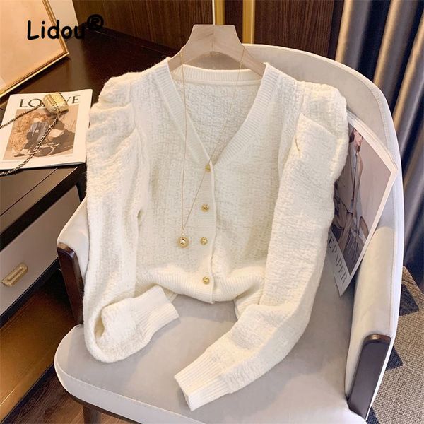 

womens blouses shirts fashion solid color singlebreasted blouse cardigan classic long sleeve vneck knitting allmatch lady vintage shirt 2305, White