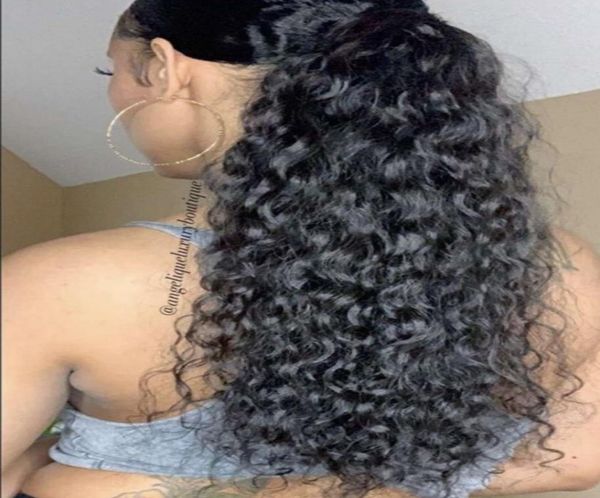 

beautiful women wearing luxury raw cambodian deep curly ponytail human hair extension natural curly drawstring pony tail hairpiece8247971, Black