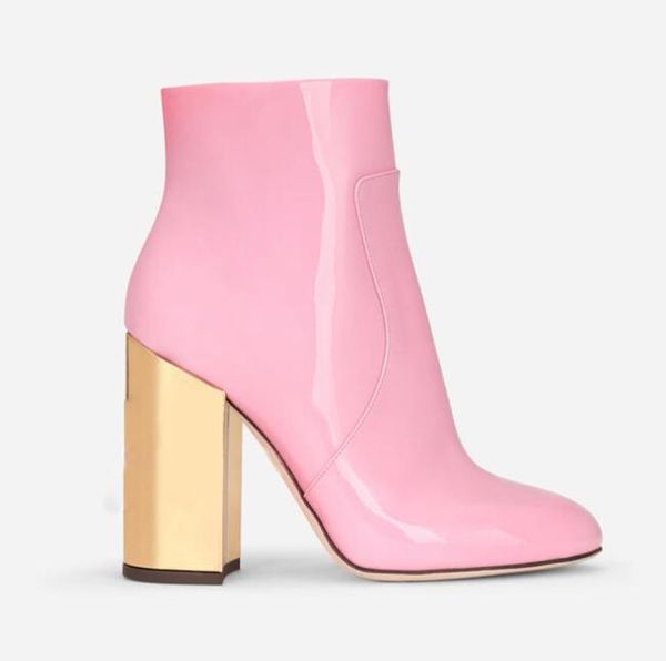 

2022 cowskin pink patent leather ankle boots 10cm gold square high heels shoes martin half booties round toes pattern catwalk part4746553, Black