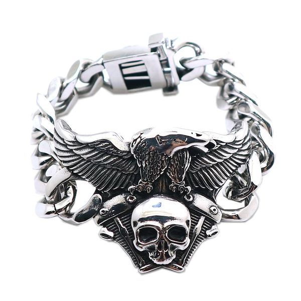 

bangle men's 316l stainless steel cool motorcycle eagle biker skull rider bracelet, Black