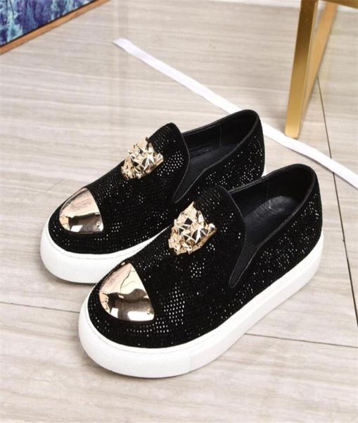 

new dandelion spikes flat leather shoes rhinestone fashion men embroidery loafer dress shoe smoking slipper casual diamond shoes 34398622, Black