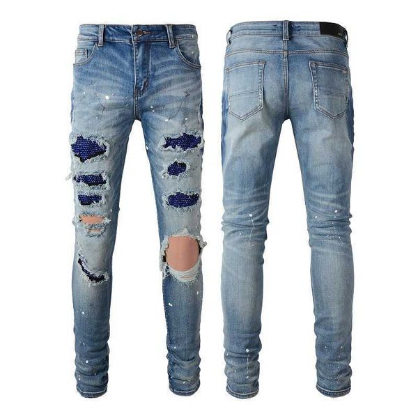 

perforated jeans high street fashion brand diamond embedding jeans elastic slim fit leggings, Blue