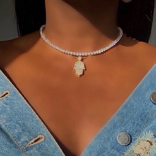 

necklaces micro pave 5a cz iced out bling women jewelry lucky turkish fatima's hand hamsa hand pendant necklace, Silver
