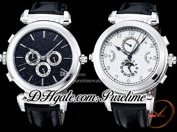 

grandmaster chime complicated 5175 automatic swiss quartz mens watch 175th anniversary steel case black white sstarry sky reverse dial leath, Slivery;brown