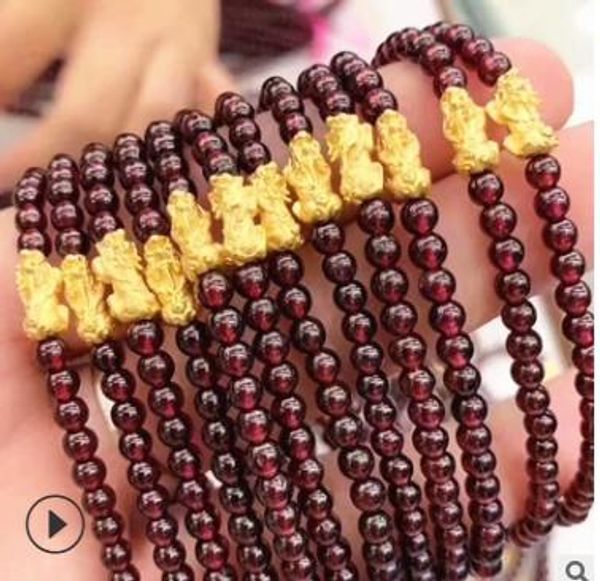 

bangle pure gold 24k 999 bracelet 4mm beads with pixiu bracelets about 16cm charm bracelets garnet beads, Black