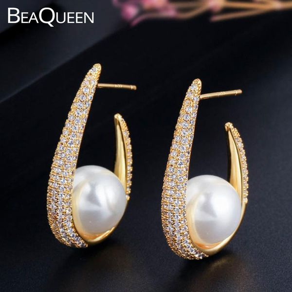 

huggie beaqueen stunning yellow gold color micro paved cubic zircon big white pearl hoop earrings statement jewelry for women e273, Golden;silver