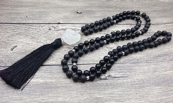 

necklaces ya2498 chakra mala lava stone 108 prayer beads 8mm beads clear quartz nugget tassel knot beads handmade necklaces, Silver