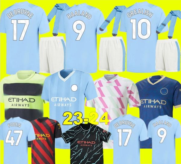 

22 23 24 haaland soccer jerseys grealish sterling mans cities mahrez fans player version de bruyne foden 2023 2024 football shirt kids kit, Black;yellow
