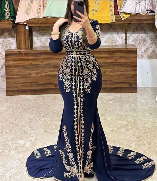 

elegant caftan formal evening dresses long sleeves satin mermaid party gowns with golden appliques beaded slit front kaftan modern prom dres, Black;red