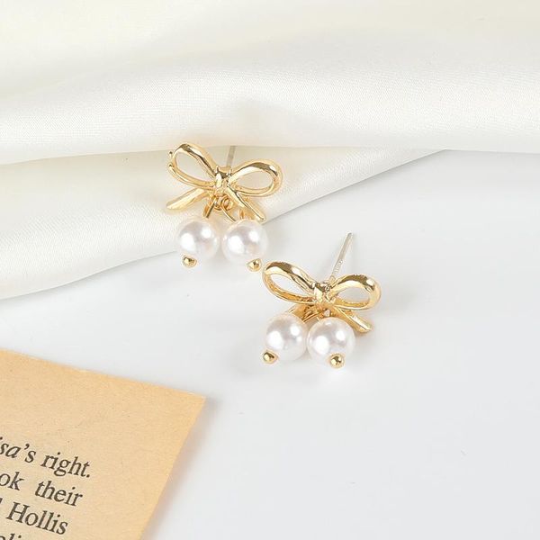 

stud jnp31 s925 silver needle korean retro highend bow pearl cute small earrings light luxury jewelry gift, Golden;silver