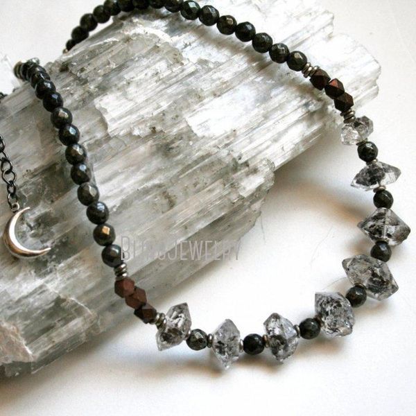 

necklaces nm40355 herkimer diamond pyrite choker necklace double terminated quartz crystal and pyrite stacking necklace, Silver