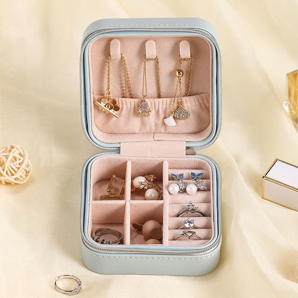 

boxes portable jewelry box zipper leather storage organizer jewelry holder packaging display travel jewelry case gift boxes for women, Black;white