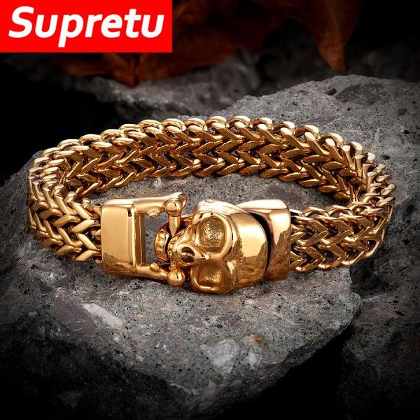 

bangle never fade viking skeleton bracelets men women gold stainless steel cuban chain skull wristband punk male charm gothic jewelry, Black