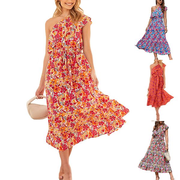 

basic casual dresses summer womens floral ruffled slanted shoulder streamer with large swing dress 230519, Black;gray