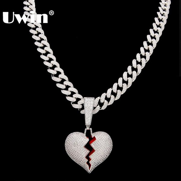 

necklaces uwin broke heart pendant necklace with 13mm cubic zirconia cuban link chain fashion hiphop luxury iced out jewelry, Silver