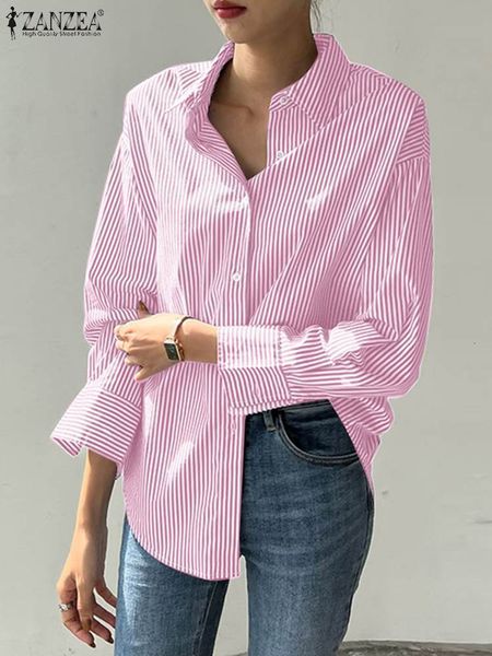 

womens blouses shirts zanzea women striped loose blouse office turndown collar long sleeve vintage buttonup shirt oversized blusa femininas, White