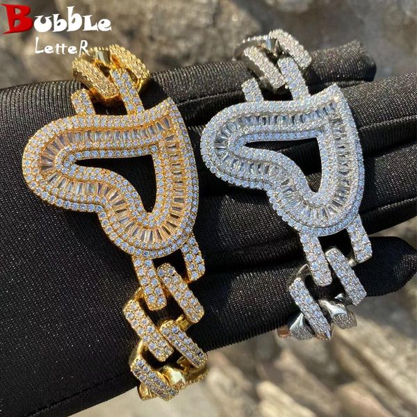 

bangle bubble letter big open heart charm cuban link bracelet for women real gold plated hip hop jewelry iced out fashion accessories, Black