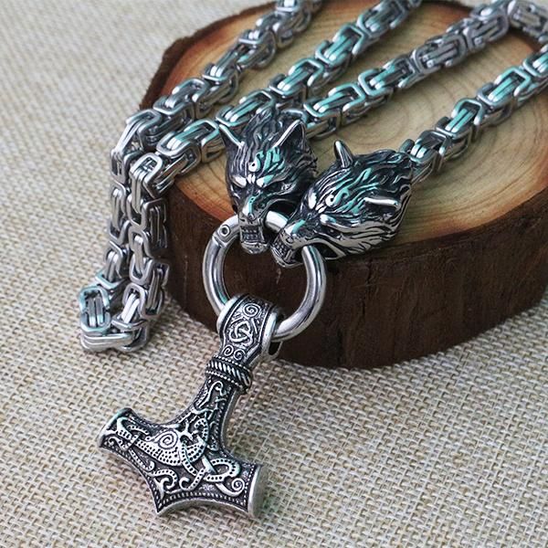 

necklaces men stainless steel necklace viking wolf head with thor's hammer mjolnir pendant norse talisman ethnic jewelry, Silver