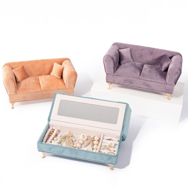 

boxes new sofa jewelry storage case velvet necklace earring rings holder showcase box organizer with mirror gift box, Black;white