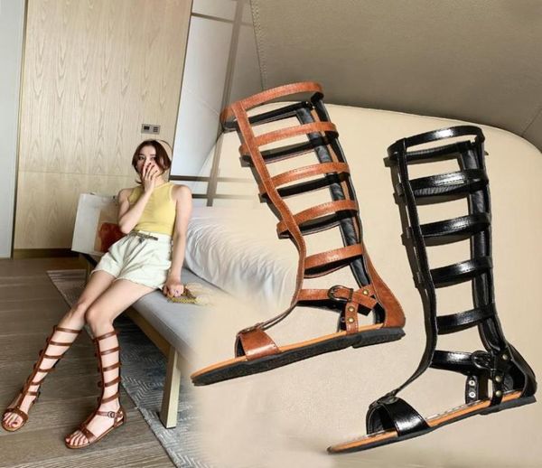 

sandals reach 2022 knee high gladiator women rome shoes summer black brown buckle hollow flat womens sandal7373636