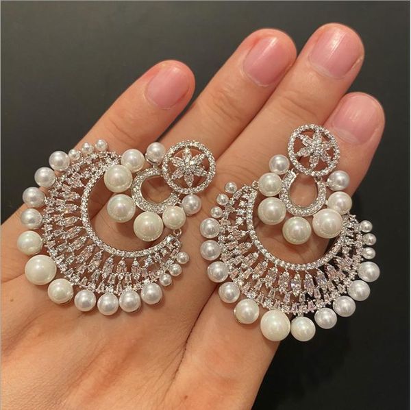

knot women pearl hoop earrings retro arc size pearl full zircon earrings, Silver
