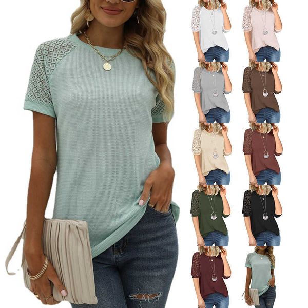 

women's new women's t-shirt grace splicing round neck short sleeve top, White