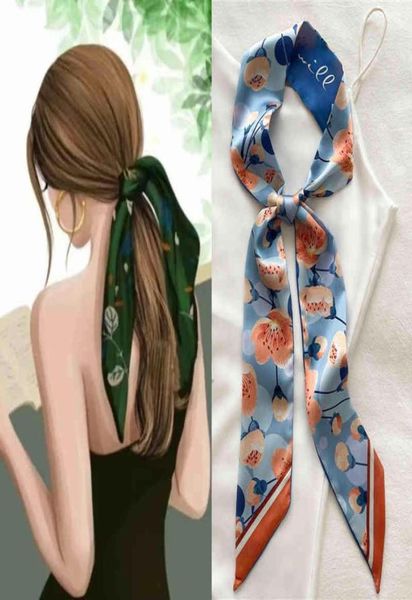 

women silk long hairband necktie print floral skinny ribbon scarf bag wrist bandana girl waist popul 2022 summer accessories6487939, Blue;gray