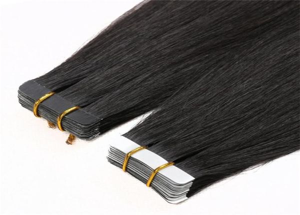 

brazilian 1b 4 tape human hair extensions double drawn 25gpiece 40piecespack 18039039 20039039inch straight skin 7384923, Black