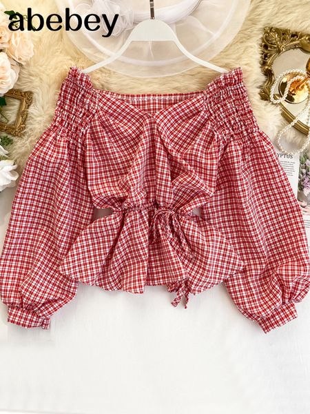 

womens blouses shirts chic plaid v neck fashion korean off shoulder bandage blouse cute feminine elegant puff sleeve ruffle women 230519, White