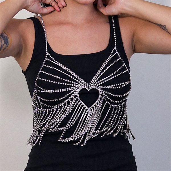 

erotic shiny bikini heart bra chain rhinestone underwear body chain rhinestone stage nightclub performance clothes 1187, Silver