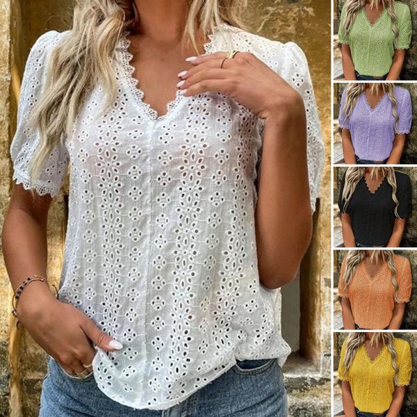 

womens blouses shirts elegant casual white lace shirt office summer ruffles short sleeve for women hollow out simple female 230519